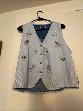 Vintage Blue Striped Embroidered Floral Denim Vest Top by PASTA